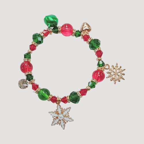 Rhinestone Green & Red Christmas Charm Bracelets in Gold Jingle Bells