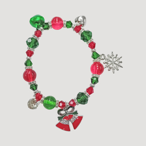 Rhinestone Green & Red Christmas Charm Bracelets in Silver Enamel Bell