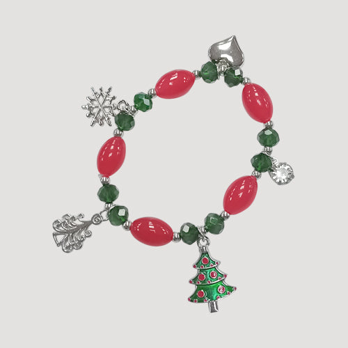 Rhinestone Green & Red Christmas Charm Bracelets in Silver Enamel Tree
