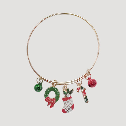 Christmas Jingle Bell Charm Bangle in Gold Wreath