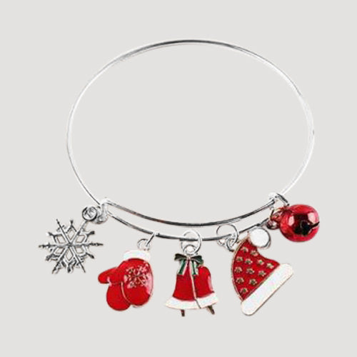 Christmas Jingle Bell Charm Bangle in Silver Snowflake