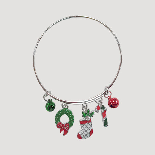 Christmas Jingle Bell Charm Bangle in Silver Wreath