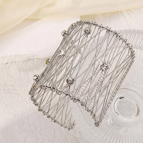 Rhinestone Wide Cross Wire Cuff Bracelet in Silver