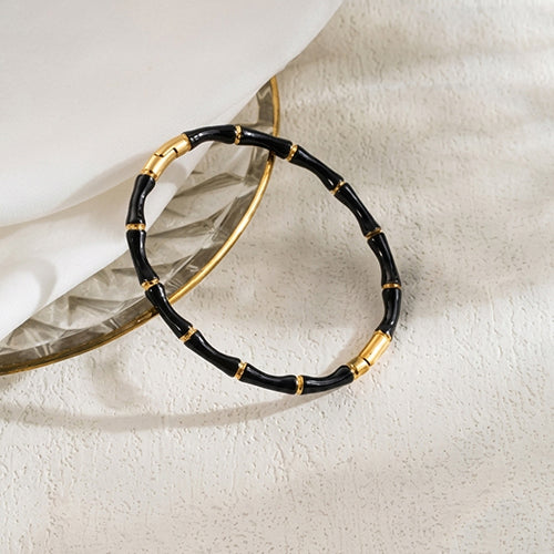 Stainless Steel Enamel Bamboo Bangle in Black/Gold