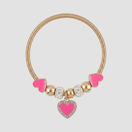 B263 Enamel Heart Rhinestone Stretch Charm Bracelet in Gold & Pink