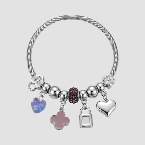 B090 Mother Of Pearl Rhinestone Stretch Charm Bracelet in Silver & Pink