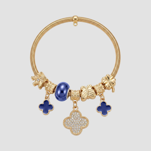 B078-2 Pearl Clover Rhinestone Stretch Charm Bracelet in Gold & Navy
