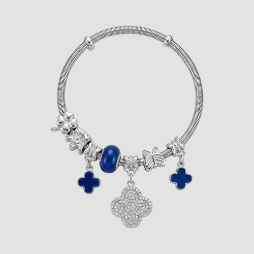B078-2 Pearl Clover Rhinestone Stretch Charm Bracelet in Silver & Navy