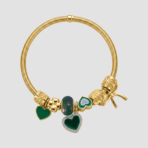B078 Heart & Bow Rhinestone Stretch Charm Bracelet in Gold & Green