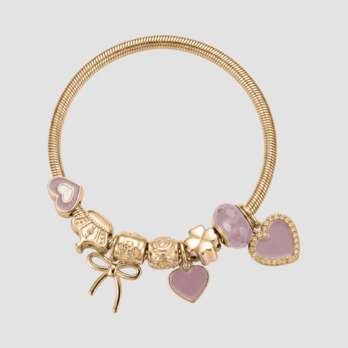 B078 Heart & Bow Rhinestone Stretch Charm Bracelet in Gold & Pink