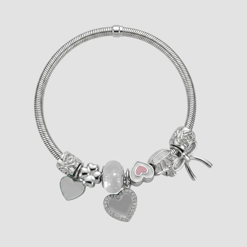 B078 Heart & Bow Rhinestone Stretch Charm Bracelet in Silver & White