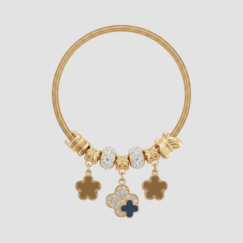 B077 Enamel Clover Rhinestone Stretch Charm Bracelet in Gold & Navy