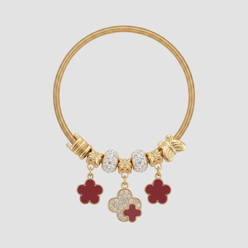 B077 Enamel Clover Rhinestone Stretch Charm Bracelet in Gold & Red