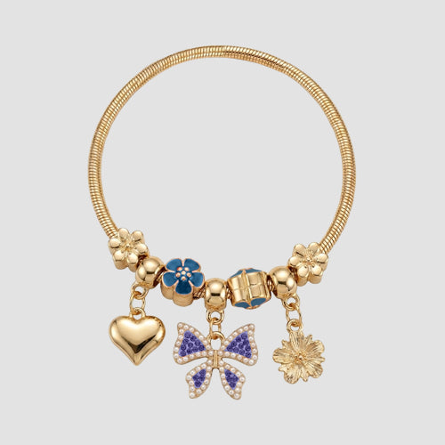 B058 Bow Rhinestone Stretch Charm Bracelet in Gold & Blue