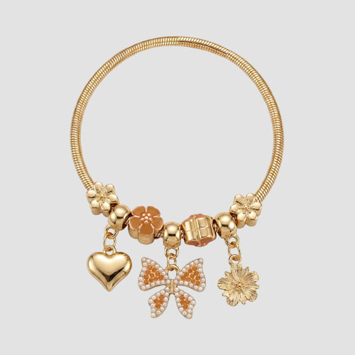 B058 Bow Rhinestone Stretch Charm Bracelet in Gold & Brown