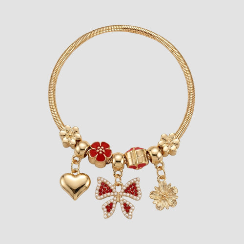 B058 Bow Rhinestone Stretch Charm Bracelet in Gold & Red
