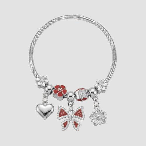 B058 Bow Rhinestone Stretch Charm Bracelet in Silver & Red