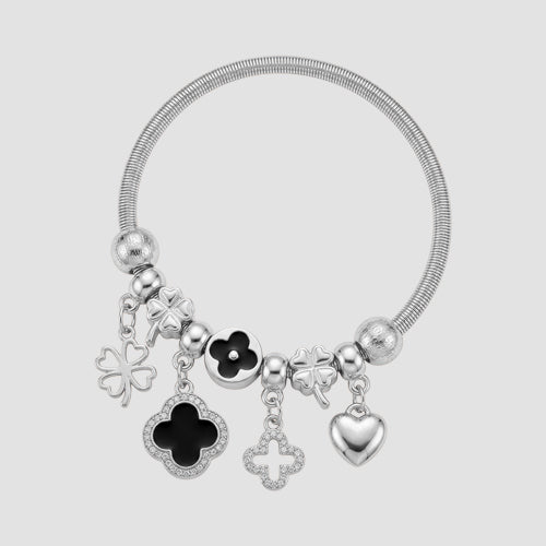 A320 Clover Badge Stretch Rhinestone Charm Bracelet in Silver & Black