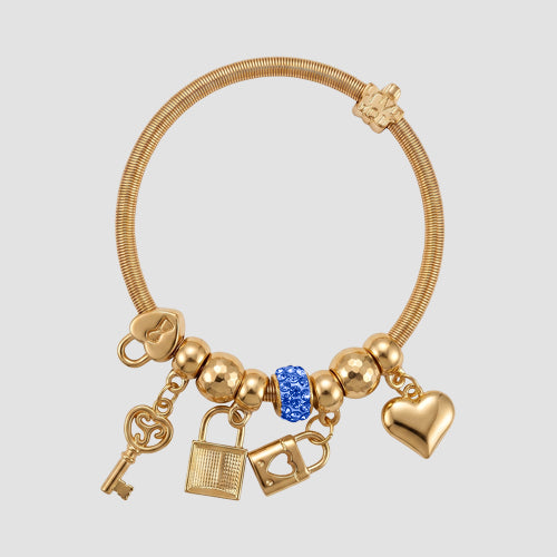B079 Padlock & Key Rhinestone Stretch Charm Bracelet in Gold & Blue