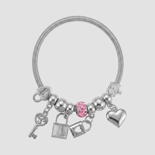 B079 Padlock & Key Rhinestone Stretch Charm Bracelet in Silver & Pink