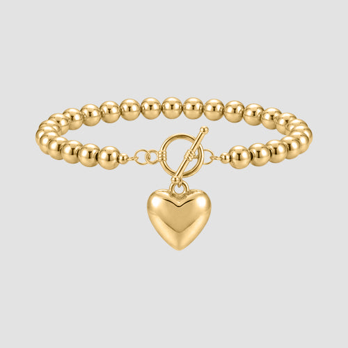 B014 Heart Pendant Bead Bracelet in Gold