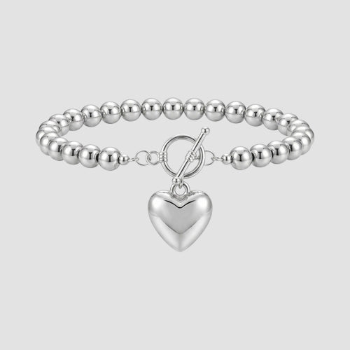 B014 Heart Pendant Bead Bracelet in Silver