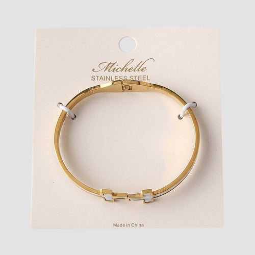 Stainless Steel Pearl Inlay Cross Bracelet in Gold & White
