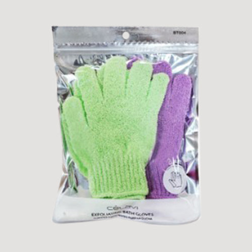 Celavi Exfoliating Bath Gloves 2-Pair Pack in Green & Purple