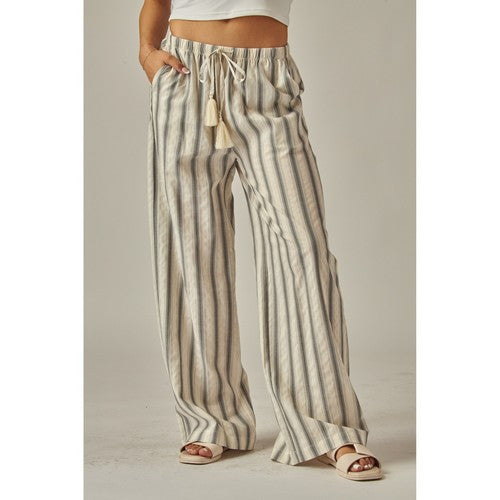Striped Relaxed Wide Leg Linen-Look Pants in Olive & Ivory