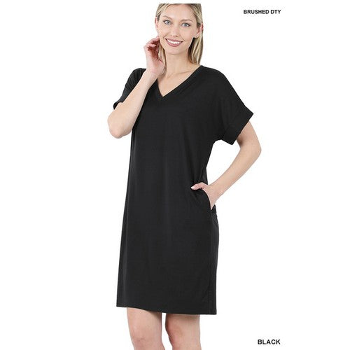 PD-2457AB Rolled Short Sleeve V-Neck Dress Bkack