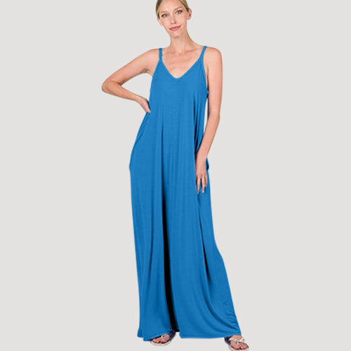 V-Neck Cami Maxi Dress With Side Pockets in Ocean Blue