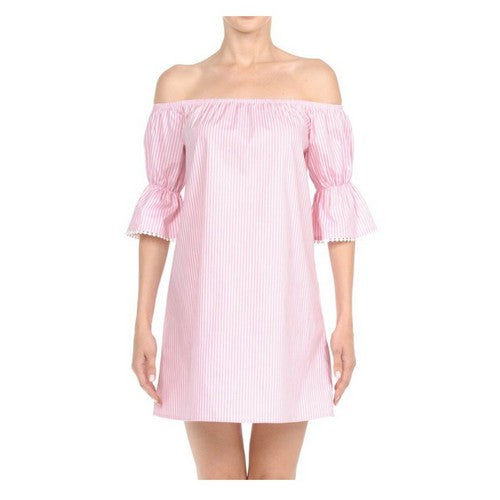 70439 Off The Shoulder Ruffle Sleeve Shift Dress Black Pink/White