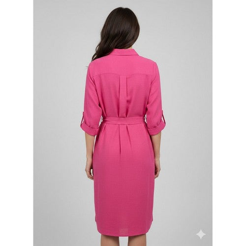 Belted Turn-Up Sleeve Linen Shirt Dress in Fuchsia