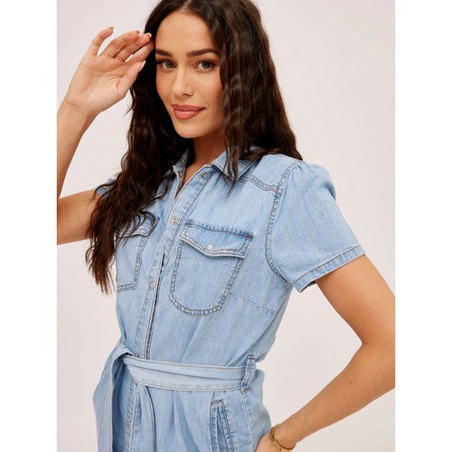 New Look Belted Popper Shirt Dress in Light Denim
