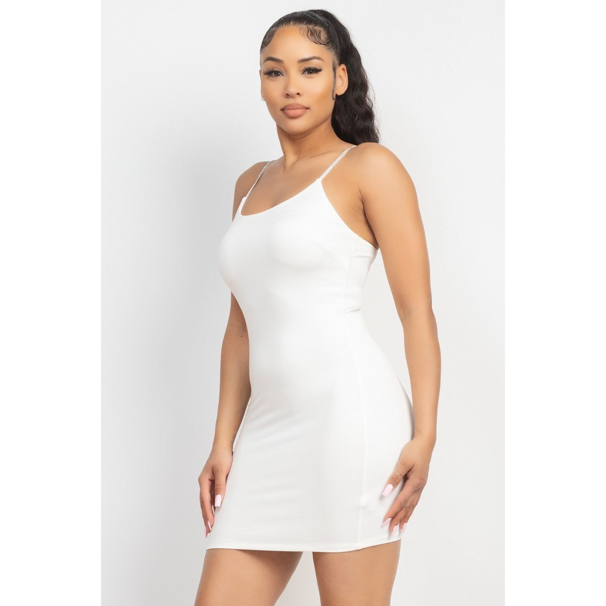 Rhinestone Strap Bodycon Dress Off White