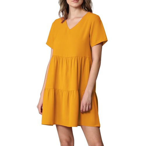 WDR2354 V-Neck Tiered Dress Mustard