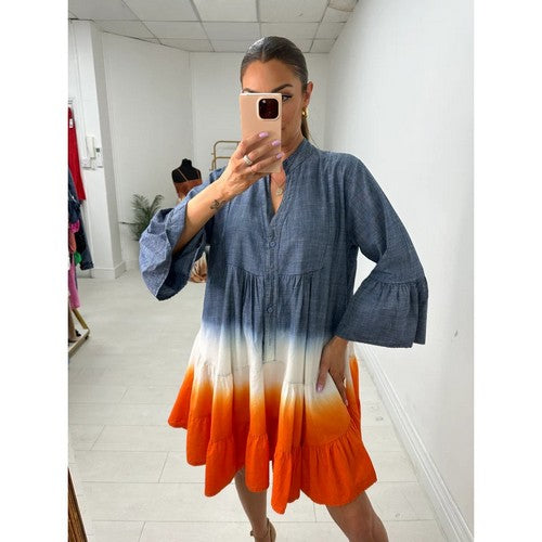 3-Colour Tie Dye Denim Tiered Dress in Orange