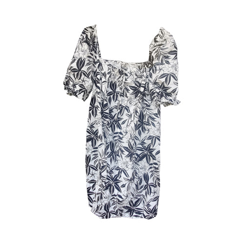 Puff Sleeve Floral Print Tunic Dress in Black & White