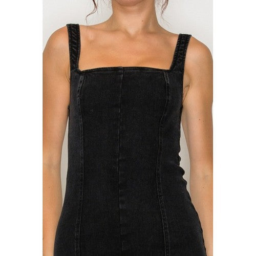 Elastic Cut-Out Fitted Denim Dress in Black Denim