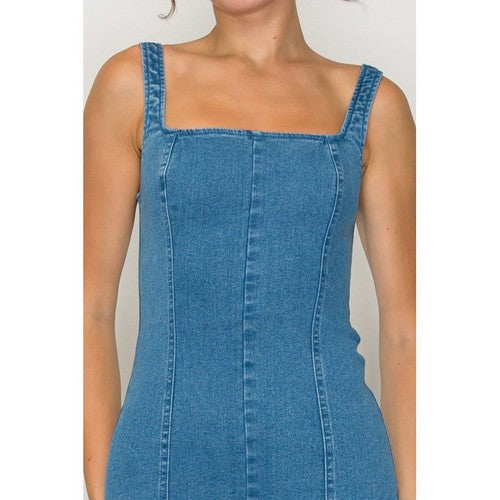 Elastic Cut-Out Fitted Denim Dress in Medium Denim