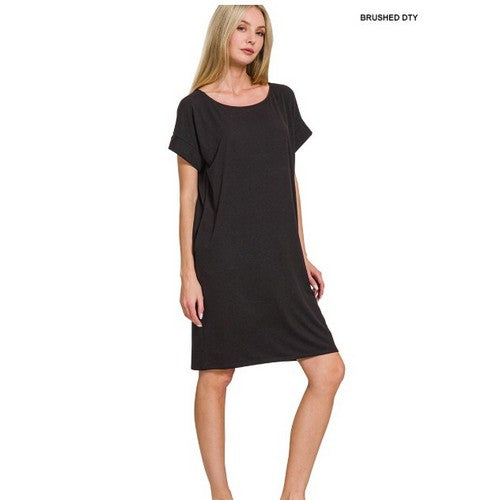 Rolled Sleeve Dress With Pockets in Black