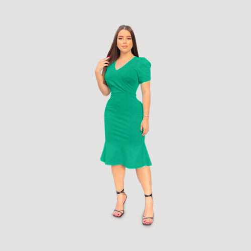 Puff Sleeve V-Neck Work Dress in Green