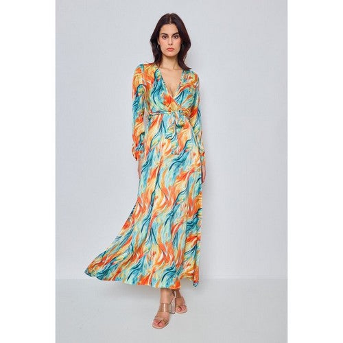 Printed Wrap Maxi Dress in Orange & Blue