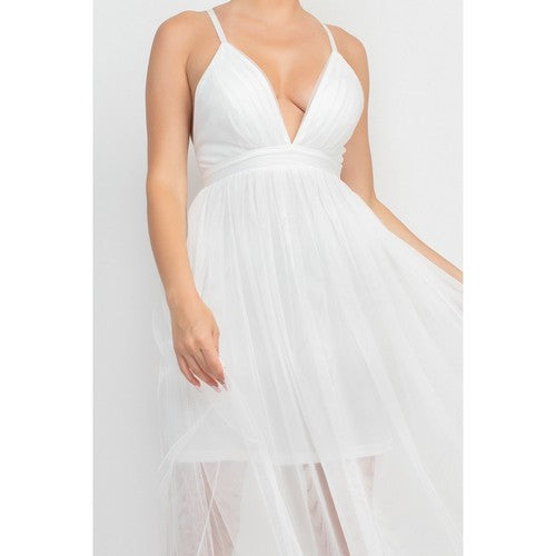Plunge Tulle Maxi Dress in White