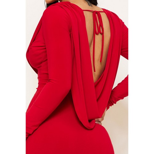 Cowl Front & Back Midi Dress in Red