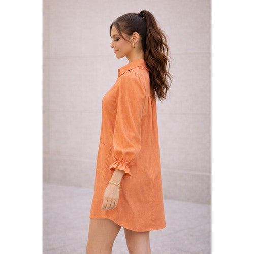 Linen Bell Shape Shirt Dress in Coral Rust