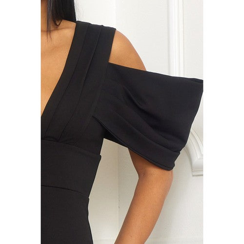 Open Shoulder High Slit Dress in Black