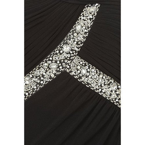 One Shoulder Rhinestone Sequin Bead Gown in Black