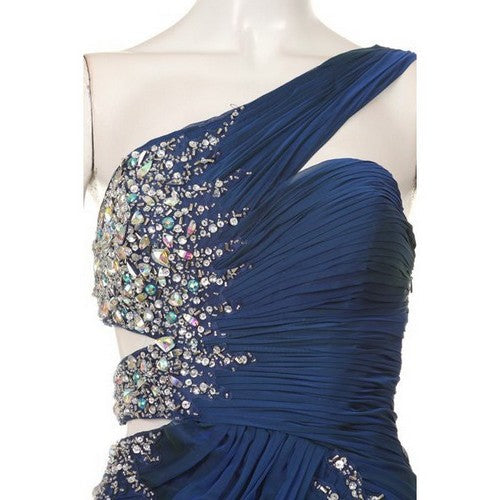 High Slit One Shoulder Rhinestone Cut-Out Gown in Blue
