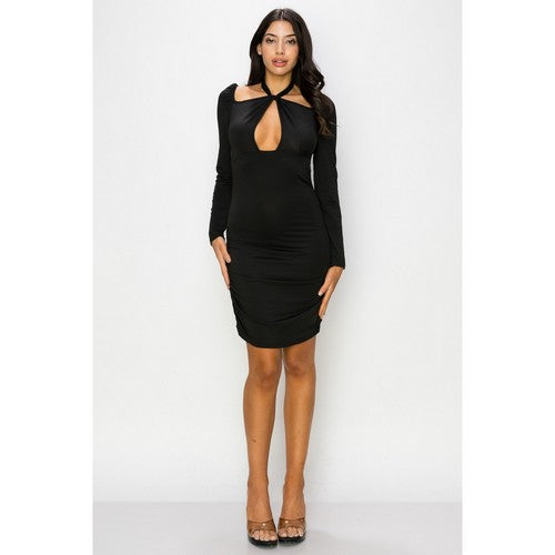 La Reyna Halter Open Front Midi Dress in Black